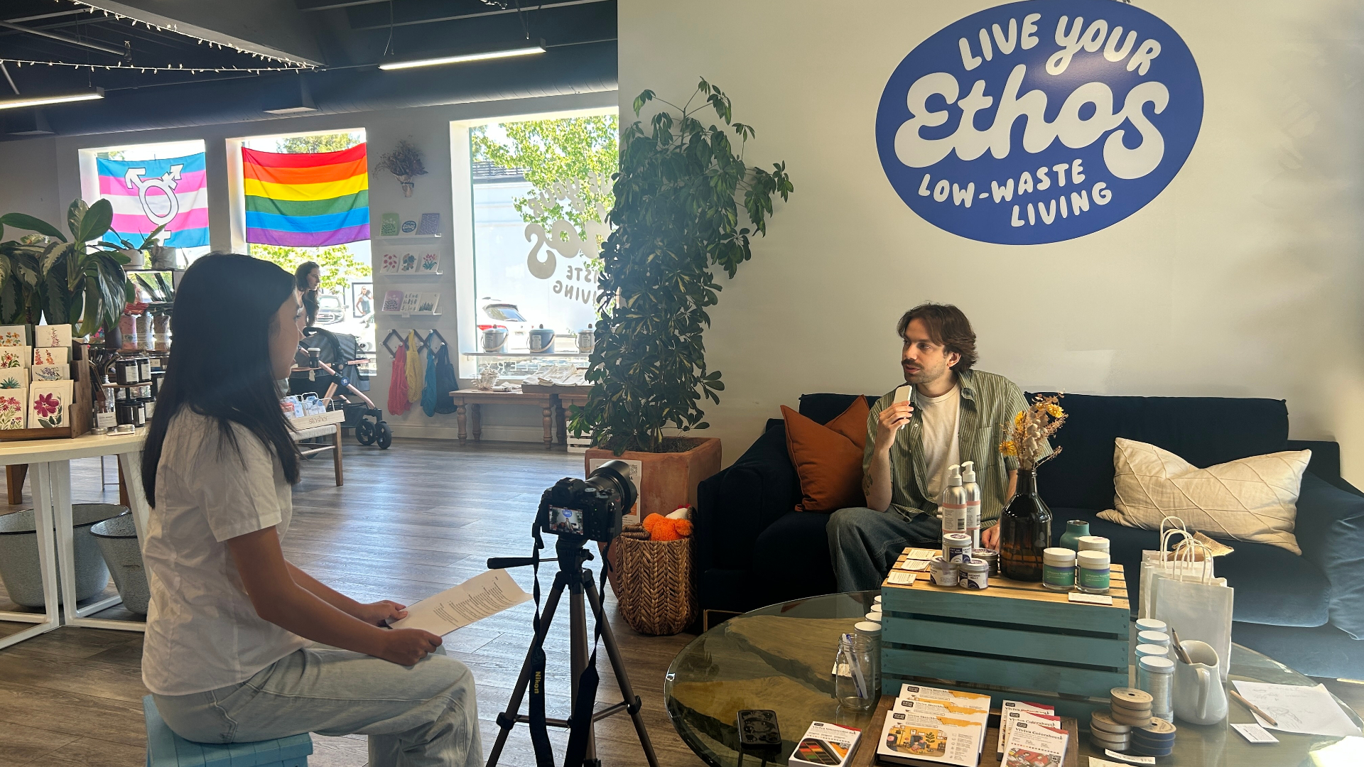 Interviewing a small business owner at Ethos Low-Waste Living for the SAFE Worldwide project