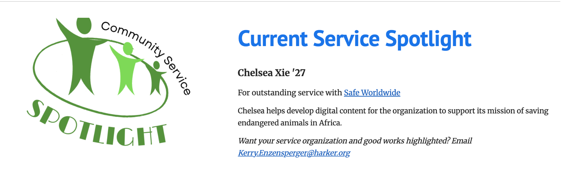 Featured in the Harker Community Service Spotlight for work with SAFE Worldwide